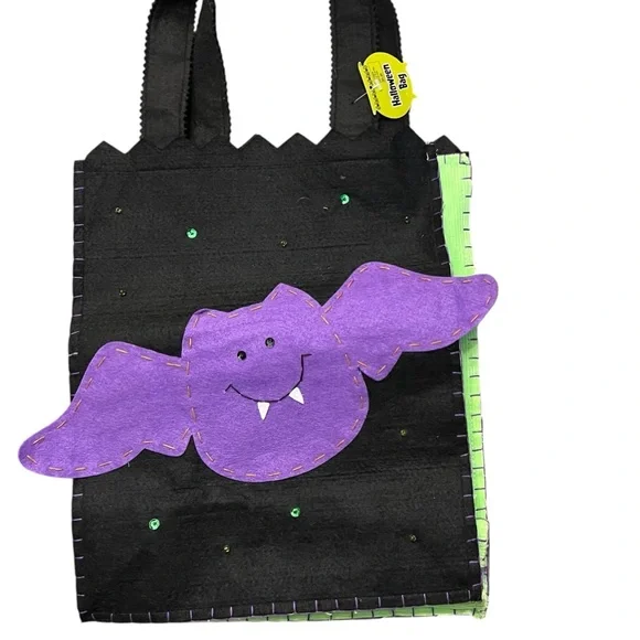 Vintage Halloween Trick or Treat Tote Bags Felt Ghost Bat Sequin Embroidery 2 pc - Picture 4 of 10